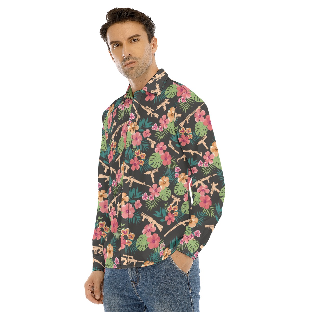 Tactical Black Long Sleeve Hawaiian Shirt For Men