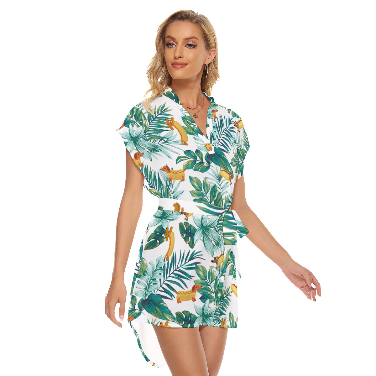Funny Sausage Dog Tropical Hawaiian Dress With Belt