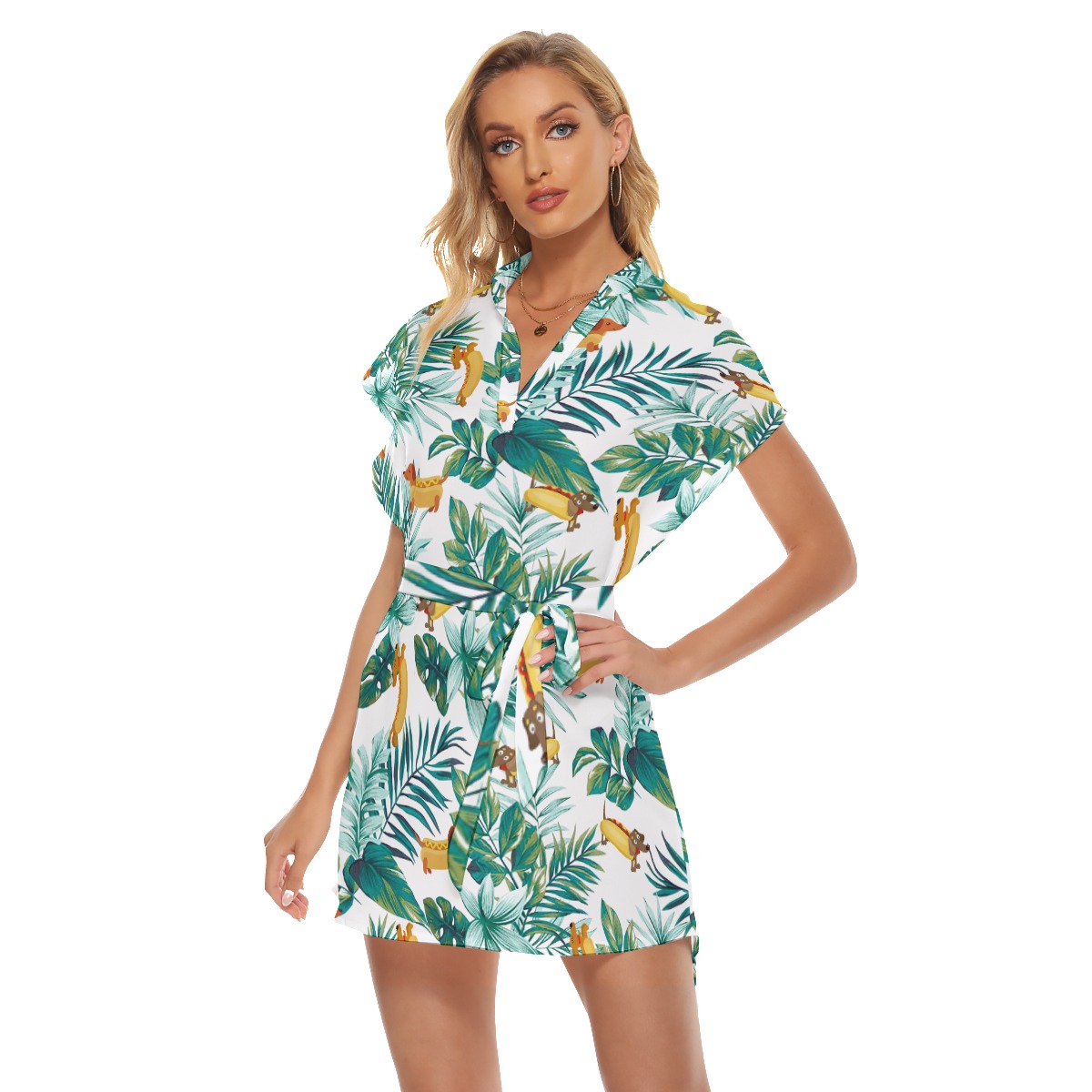 Funny Sausage Dog Tropical Hawaiian Dress With Belt