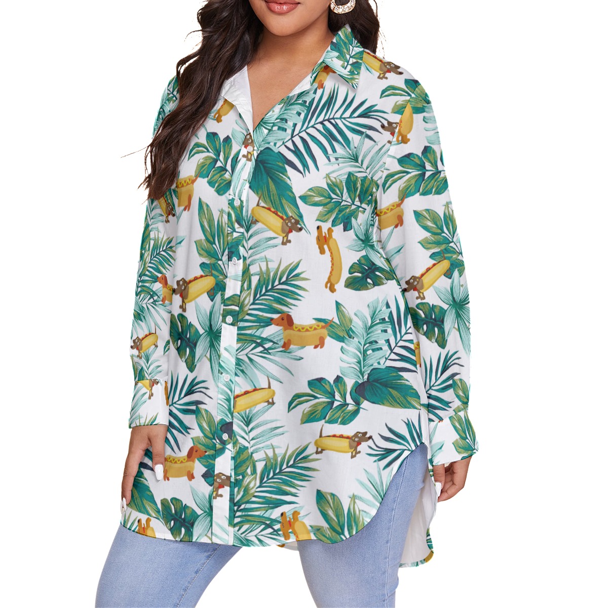 Cute Sausage Dog Tropical Hawaiian Plus Size Shirt For Women