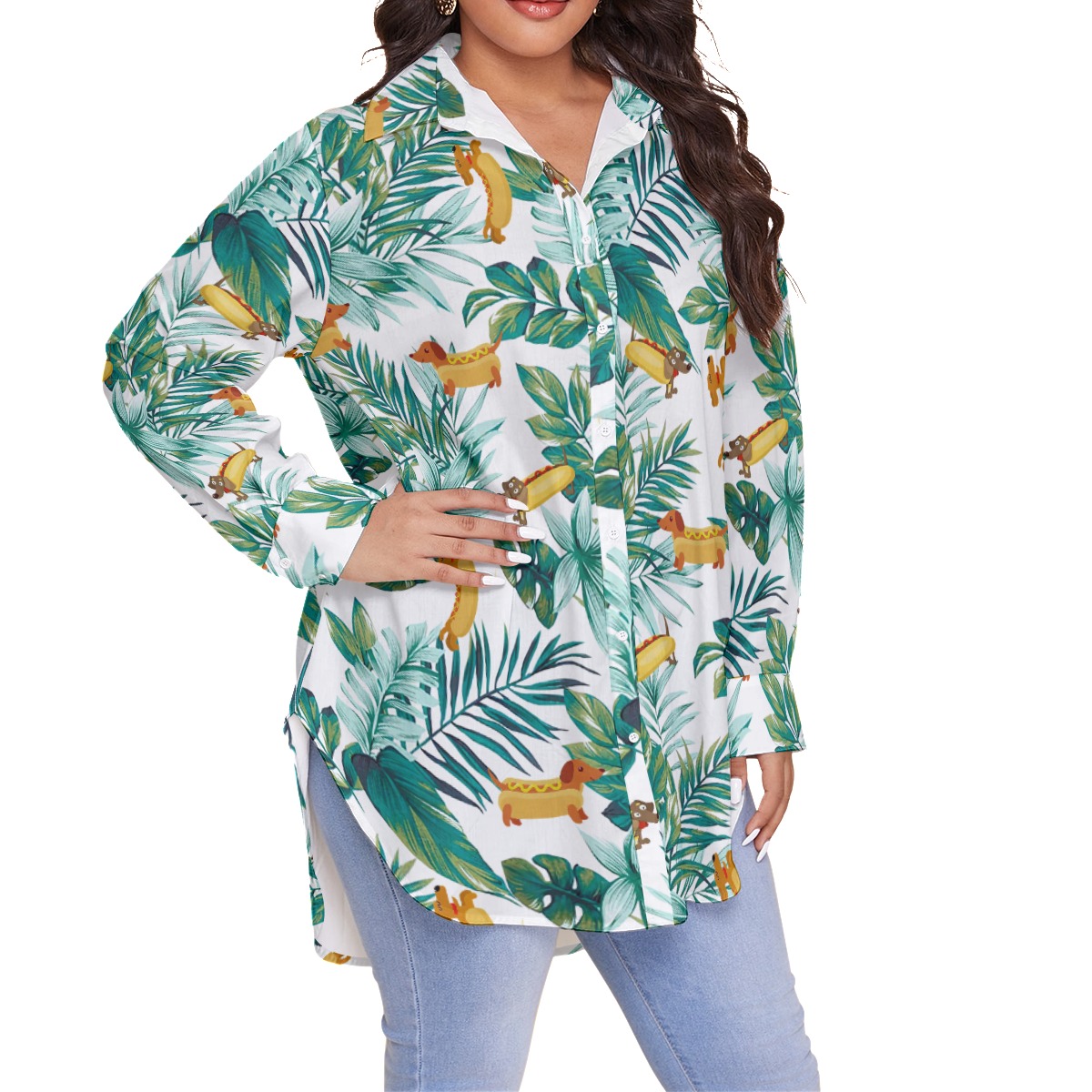 Cute Sausage Dog Tropical Hawaiian Plus Size Shirt For Women