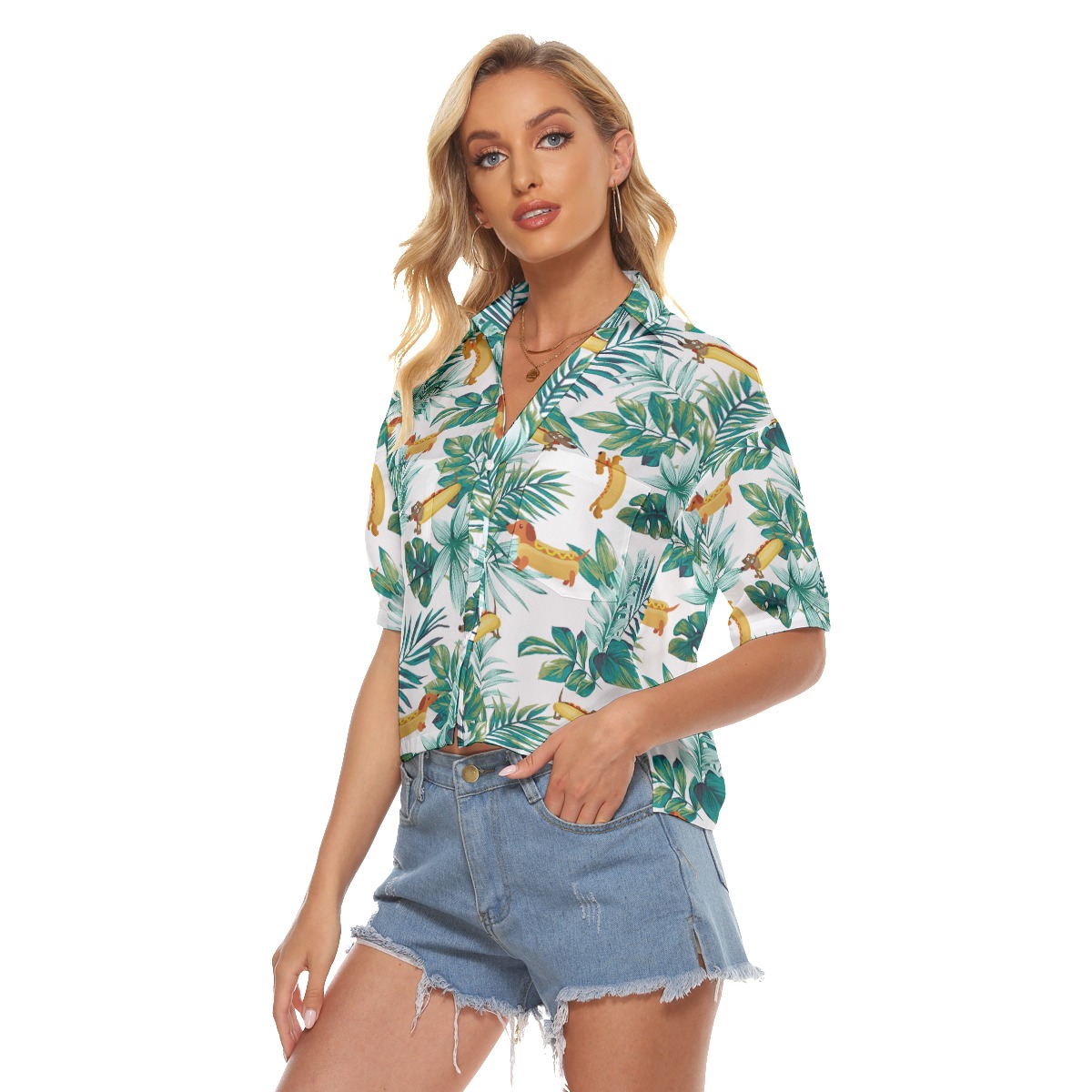 Cute Sausage Dog Tropical Hawaiian Cropped Shirt For Women