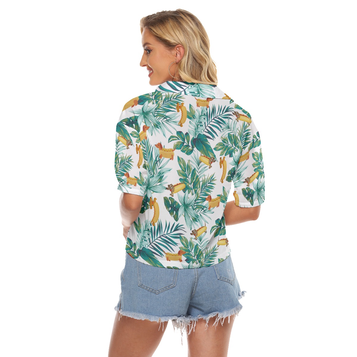 Cute Sausage Dog Tropical Hawaiian Cropped Shirt For Women