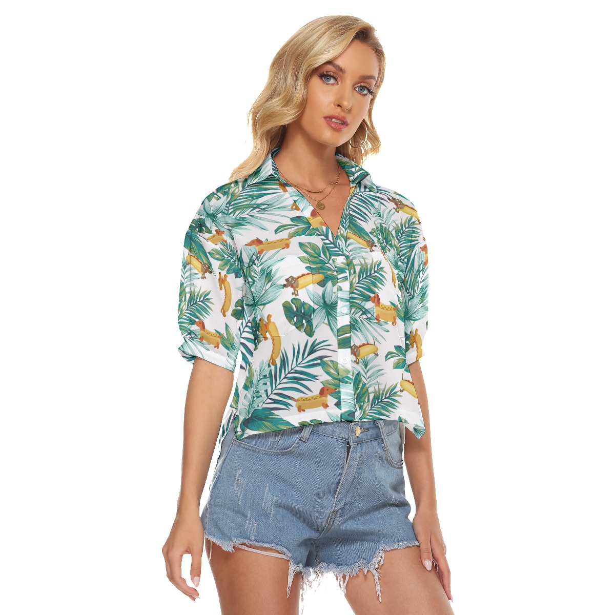 Cute Sausage Dog Tropical Hawaiian Cropped Shirt For Women