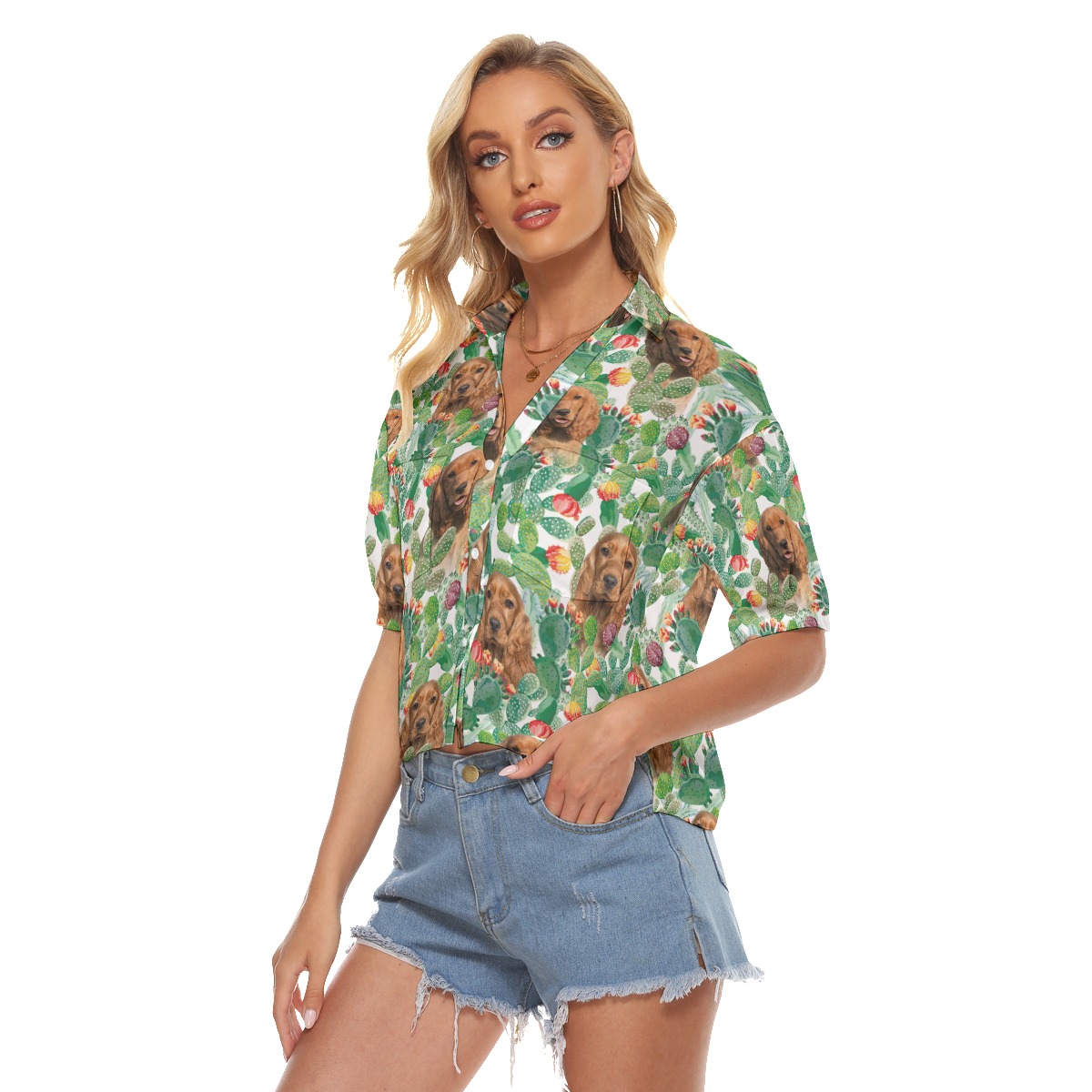 Custom Pet Face Green Aloha Crop Top Shirt For Women