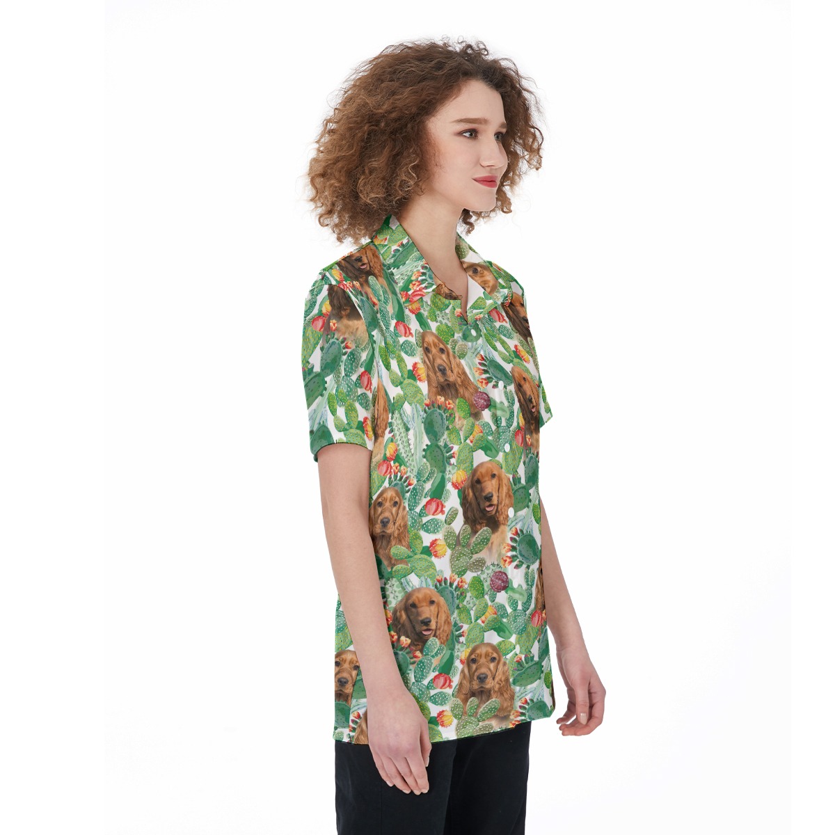 Funny Custom Dog Face Green Hawaiian Button Up Shirt For Women