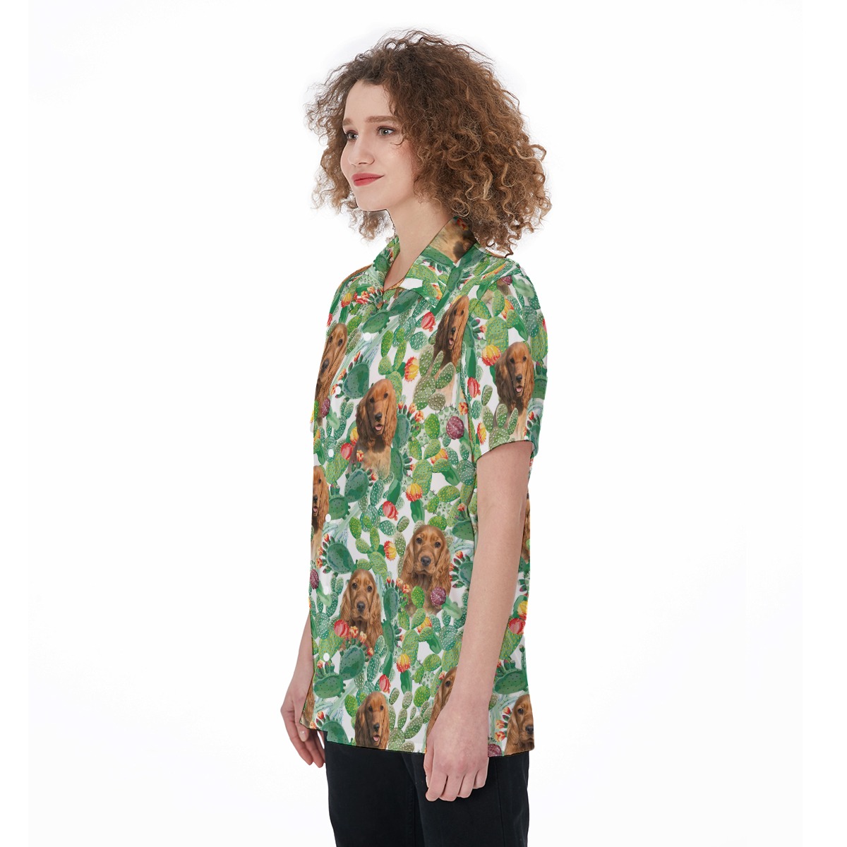 Funny Custom Dog Face Green Hawaiian Button Up Shirt For Women