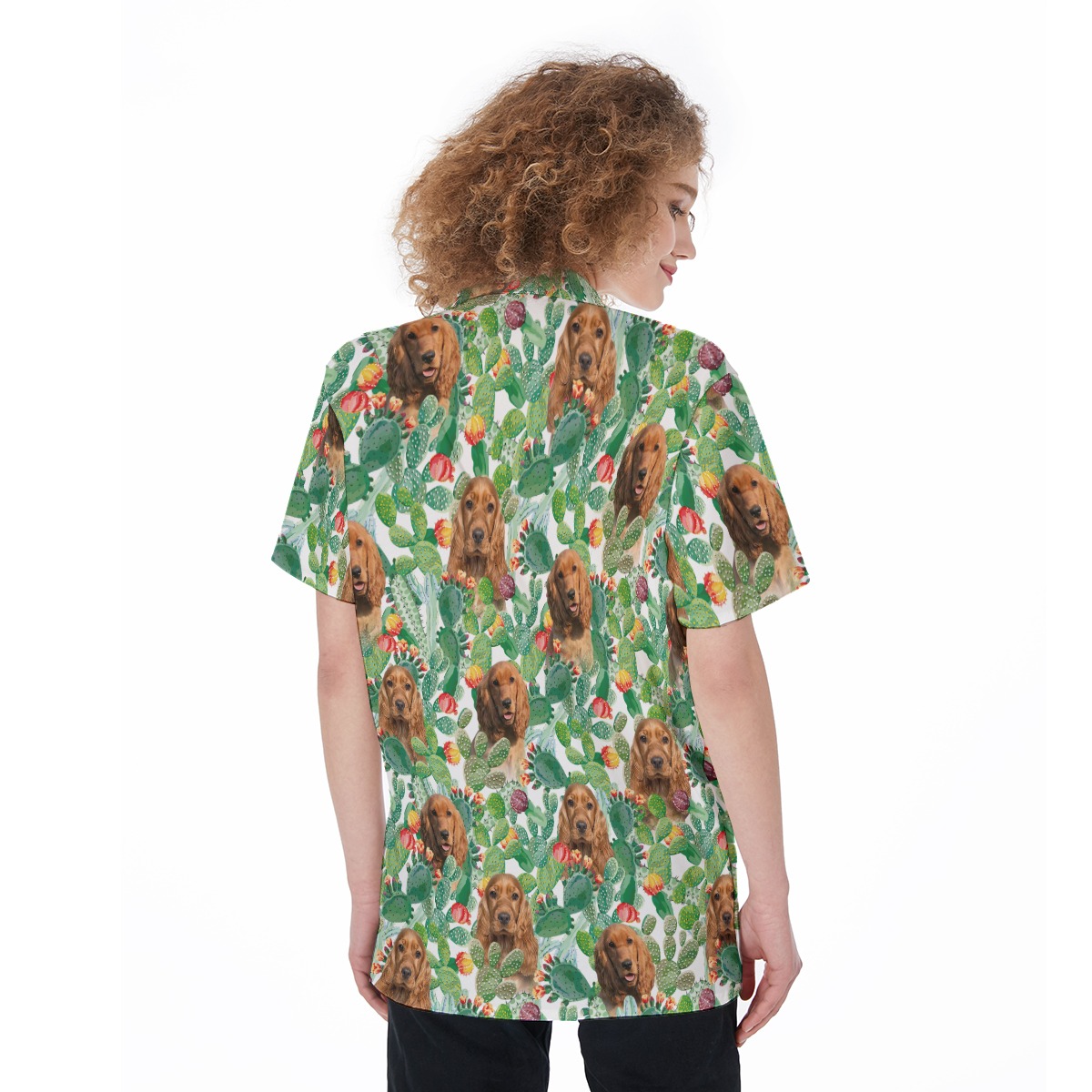 Funny Custom Dog Face Green Hawaiian Button Up Shirt For Women