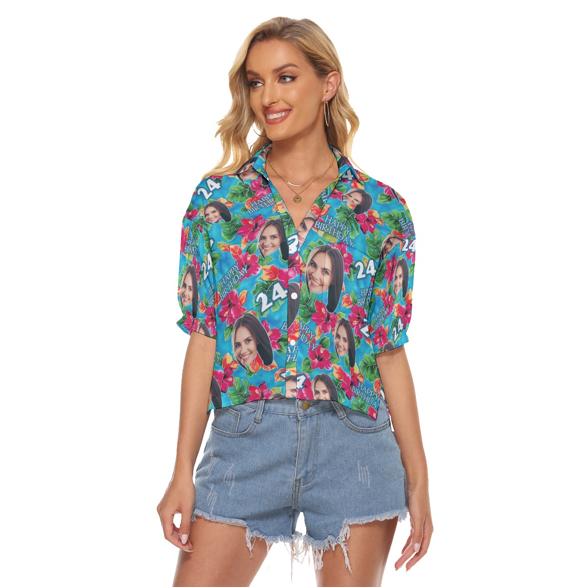 Floral Custom Face Theme Birthday Aloha Cropped Shirt For Women - variant image 1
