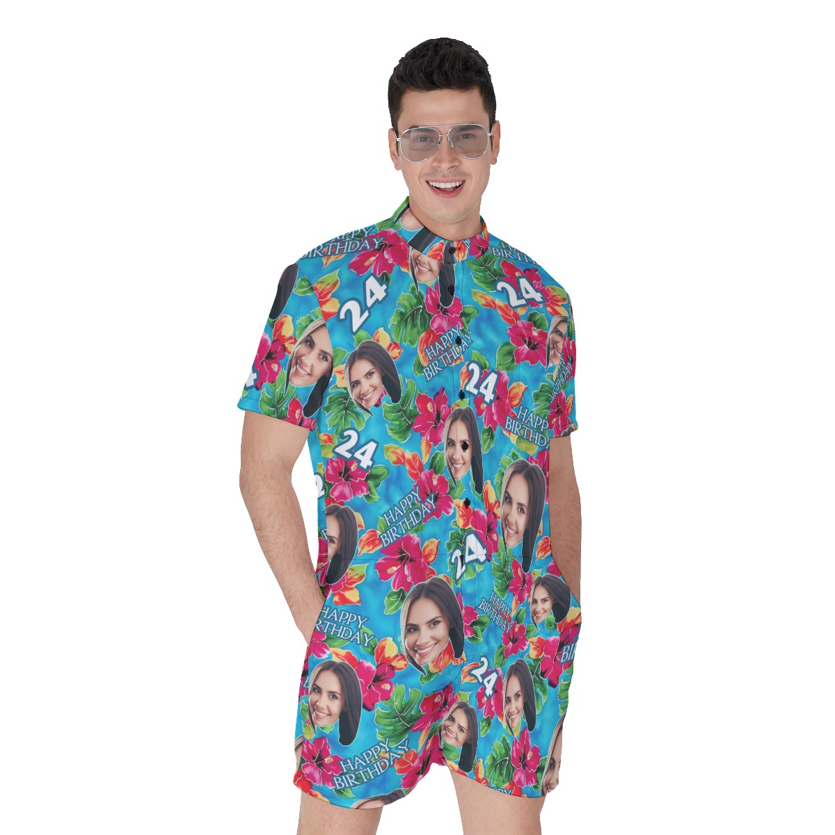 Funny Birthday Custom Face Floral Men's Hawaiian Romper - variant image 1