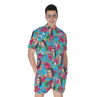 Funny Birthday Custom Face Floral Men's Hawaiian Romper