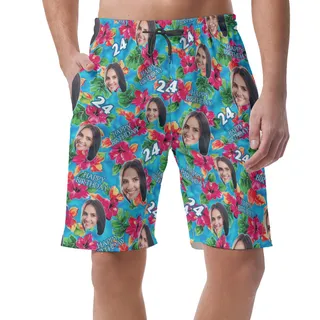 Unique Custom Face Birthday Hawaiian Summer Beach Shorts For Men