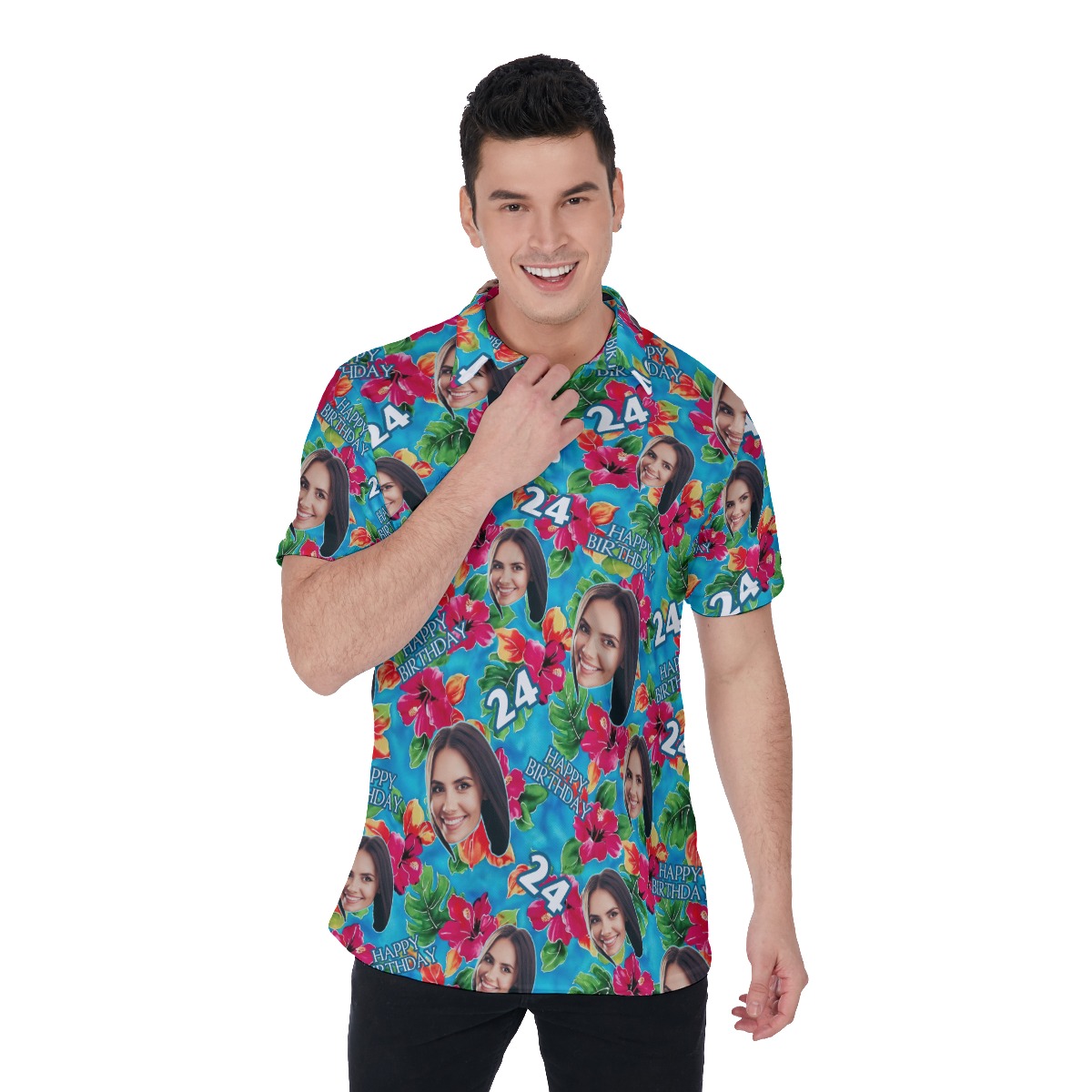Funny Custom Face Birthday Floral Hawaiian Polo Shirt - variant image 1