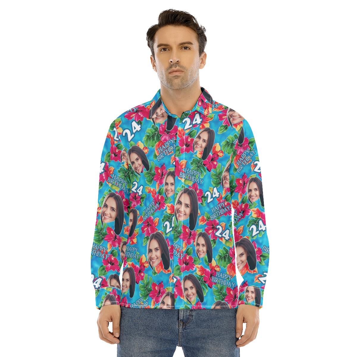 Funny Custom Face Birthday Hawaiian Long Sleeve Shirt - variant image 1