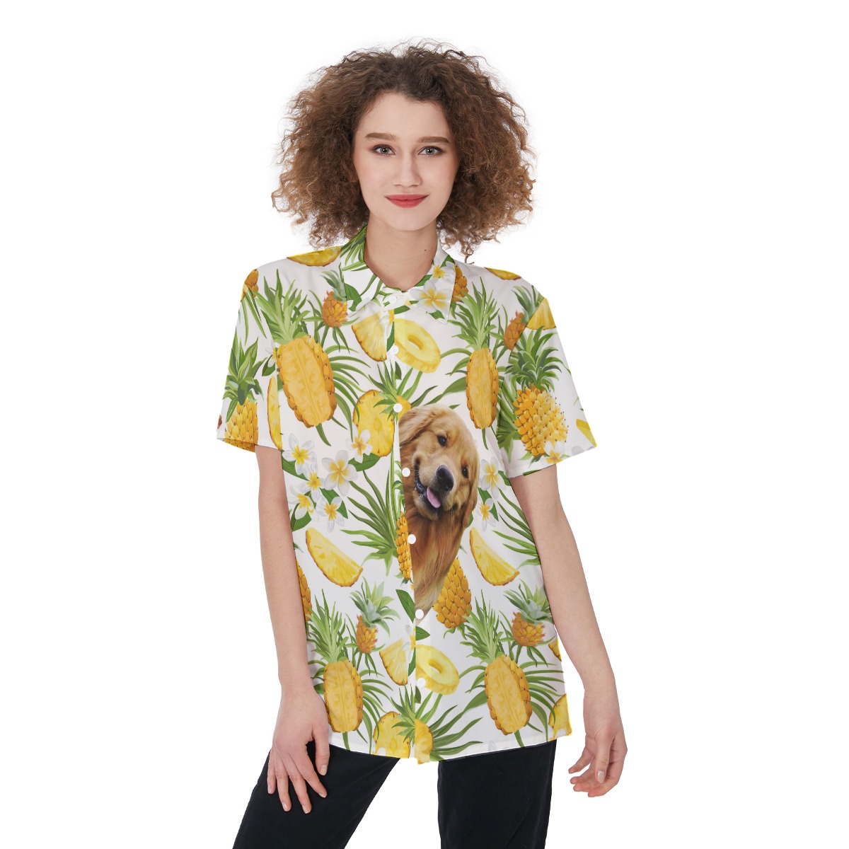 Cute Custom Dog Face Tropical Pineapple Aloha Shirt For Women - variant image 1