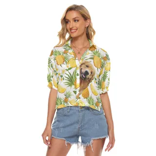 Funny Custom Dog Face Tropical Hawaiian Cropped Shirt For Women