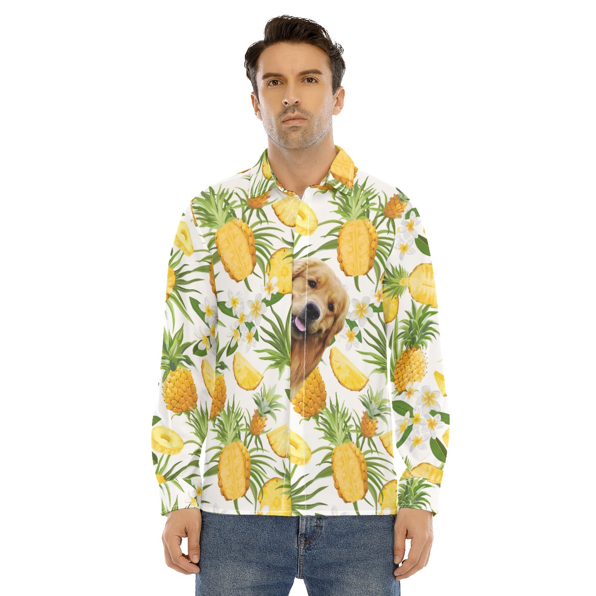 Custom Dog Face Tropical Hawaiian Long Sleeve Shirt - variant image 1