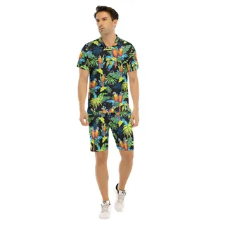 Men's Parrot Black Hawaiian Shirt And Shorts