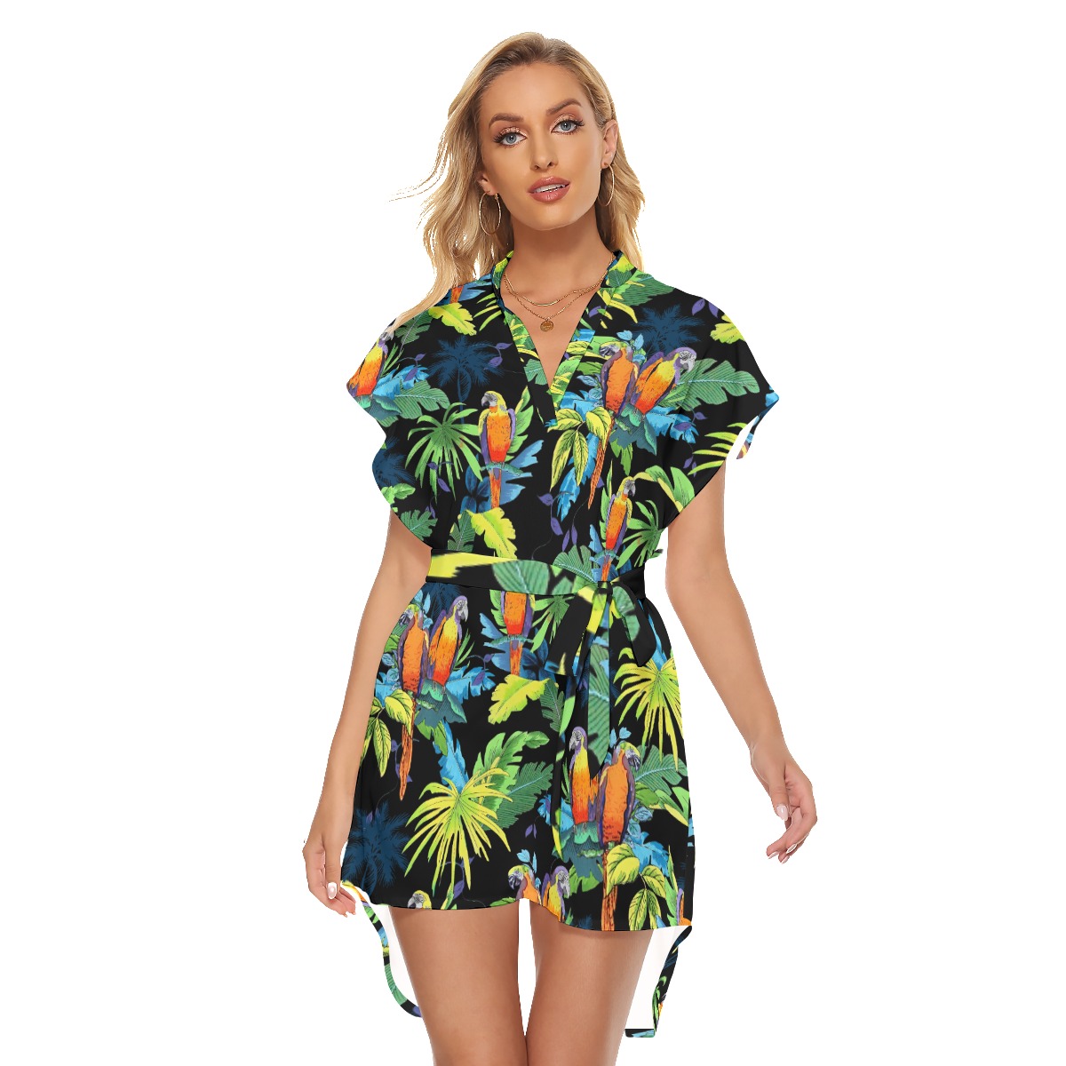 Tropical Parrot Black Hawaiian Dress With Tie - variant image 1