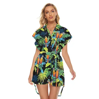 Tropical Parrot Black Hawaiian Dress With Tie
