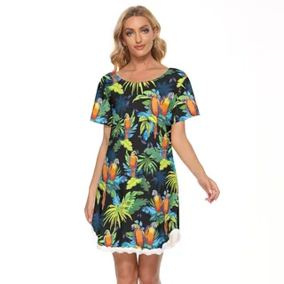Colorful Parrot Hawaiian Dress With Lace