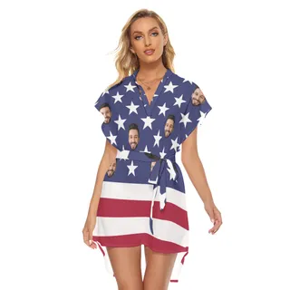 Custom Face American Flag Hawaiian Dress With Belt For Summer
