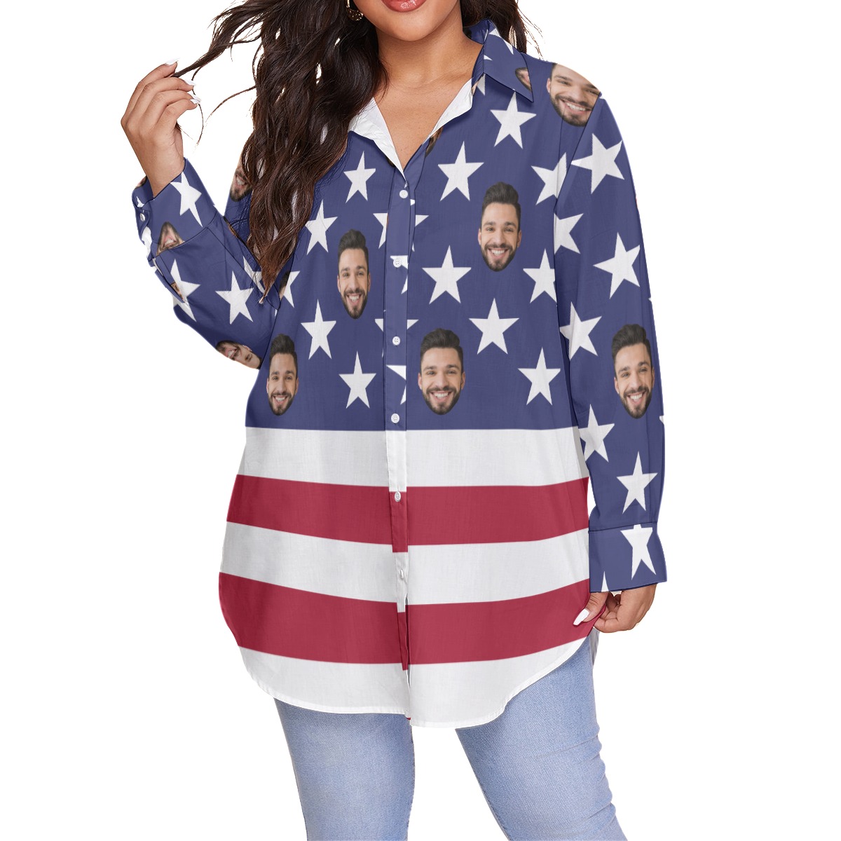 Funny Custom Face American Flag Women's Hawaiian Plus Size Shirt - variant image 1
