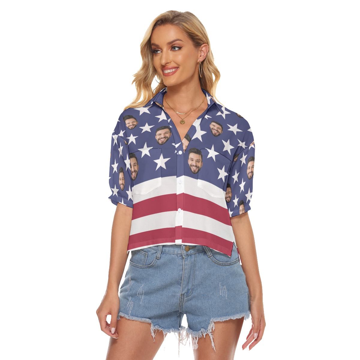 Custom Face American Flag Aloha Cropped Shirt For Women - variant image 1