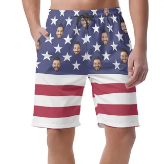 American Flag Custom Face Hawaiian Beach Shorts For Men