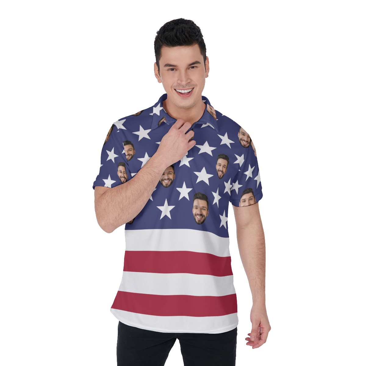 Custom Face American Flag Hawaiian Polo Shirt - variant image 1