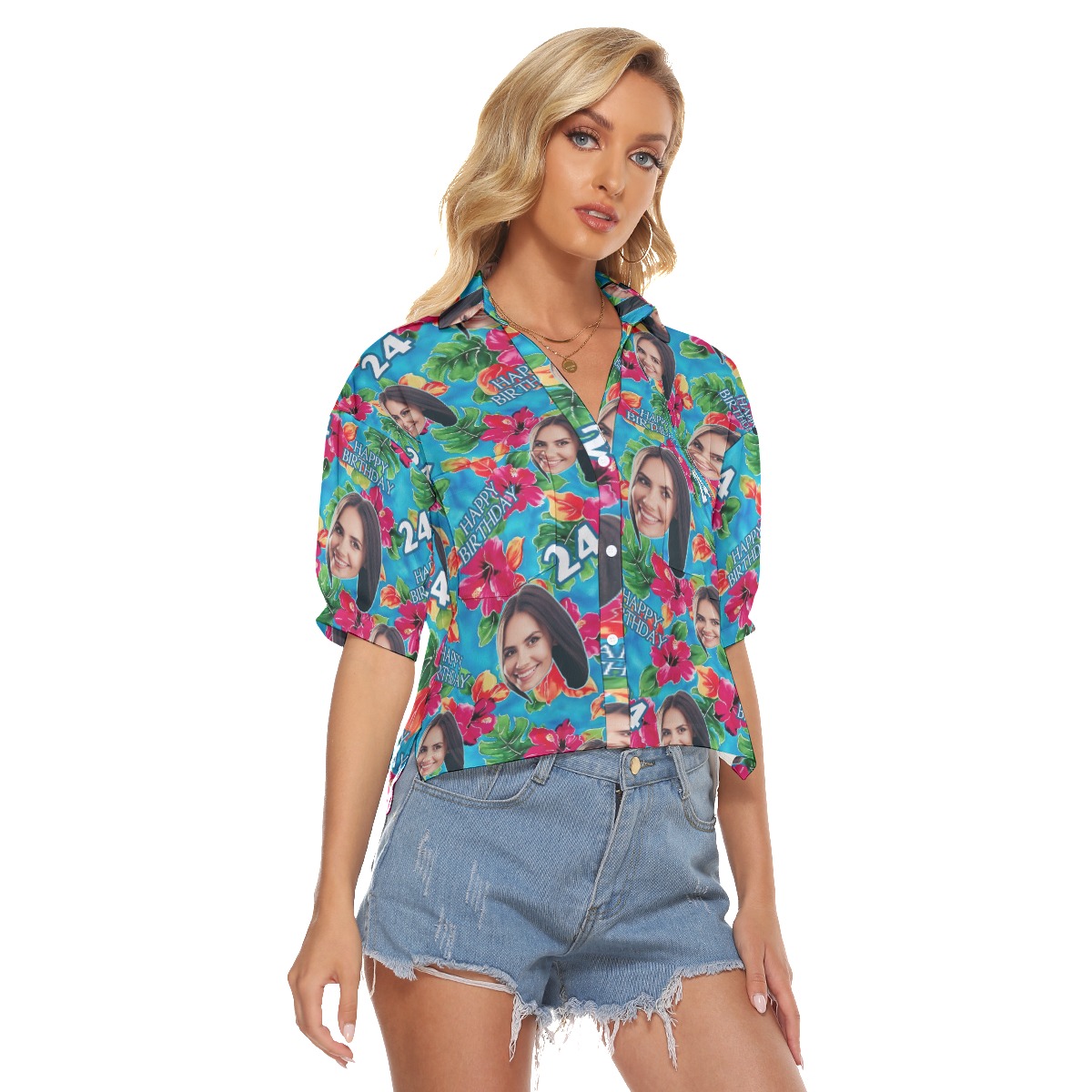 Floral Custom Face Theme Birthday Aloha Cropped Shirt For Women