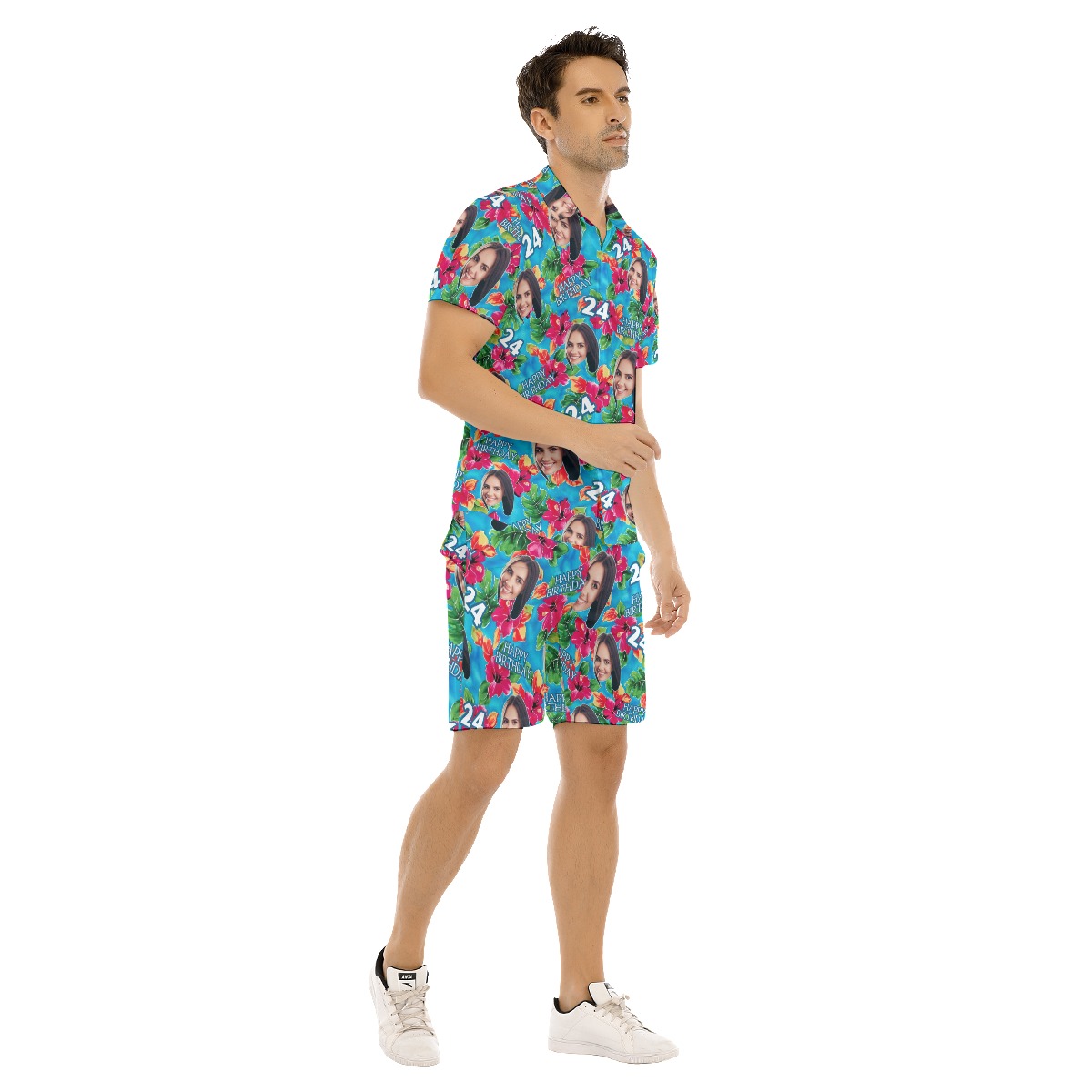 Set Custom Face Floral Birthday Hawaiian Shirt And Shorts For Men