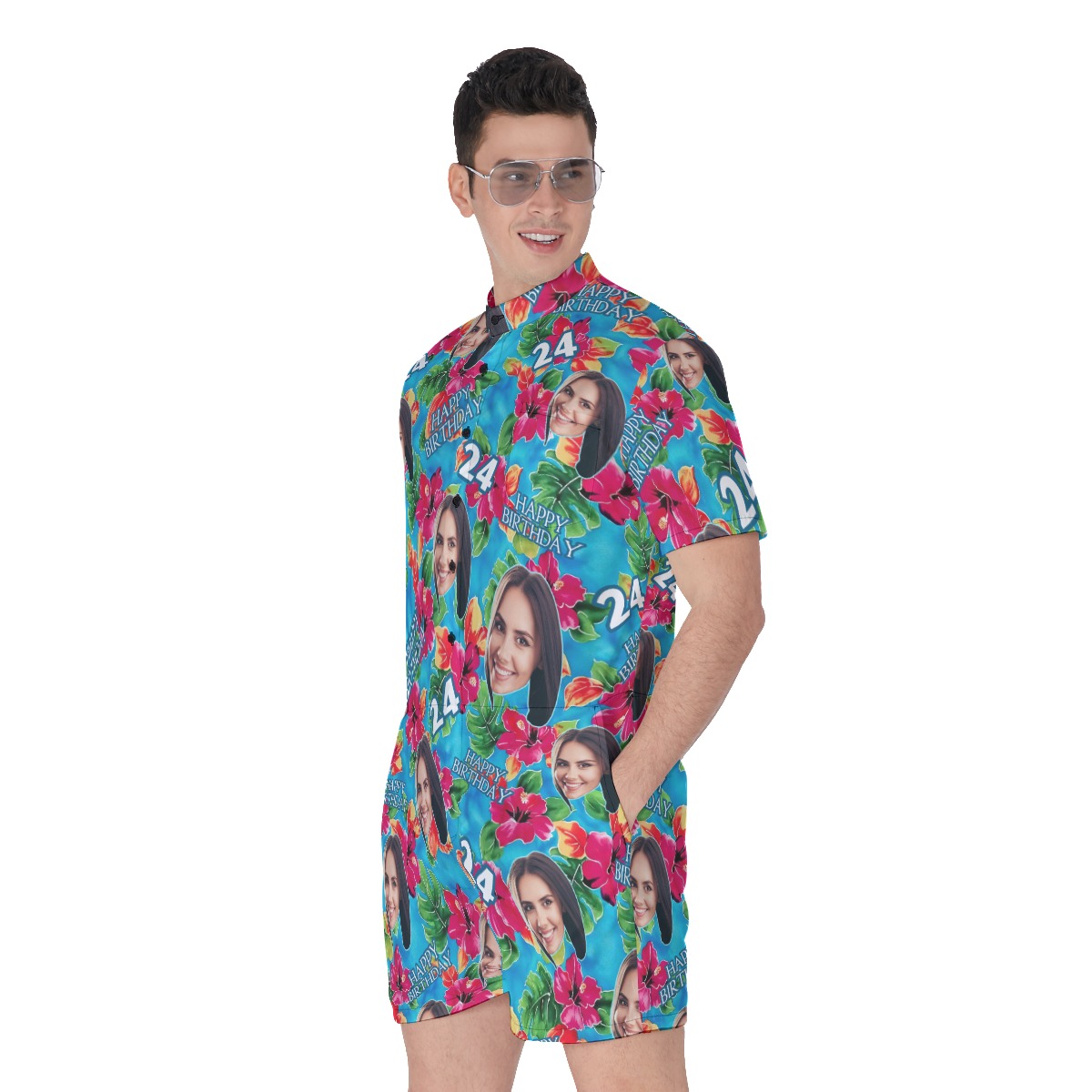Funny Birthday Custom Face Floral Men's Hawaiian Romper