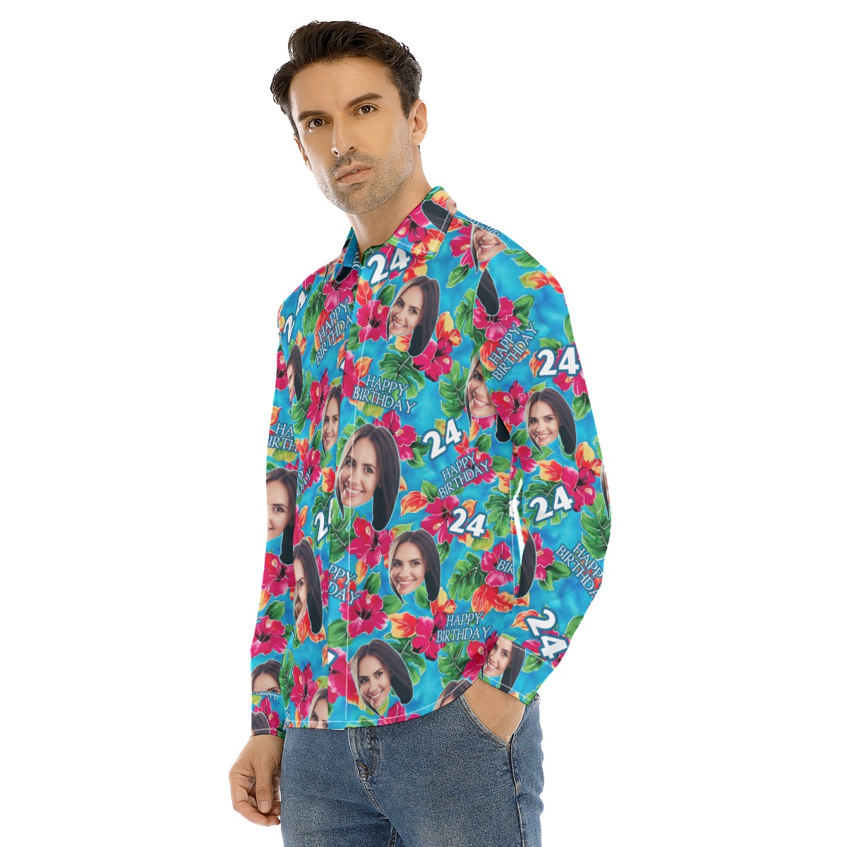 Funny Custom Face Birthday Hawaiian Long Sleeve Shirt