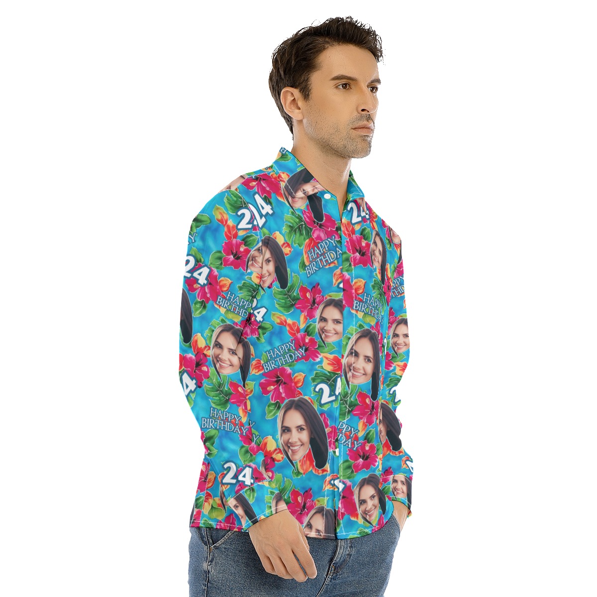 Funny Custom Face Birthday Hawaiian Long Sleeve Shirt