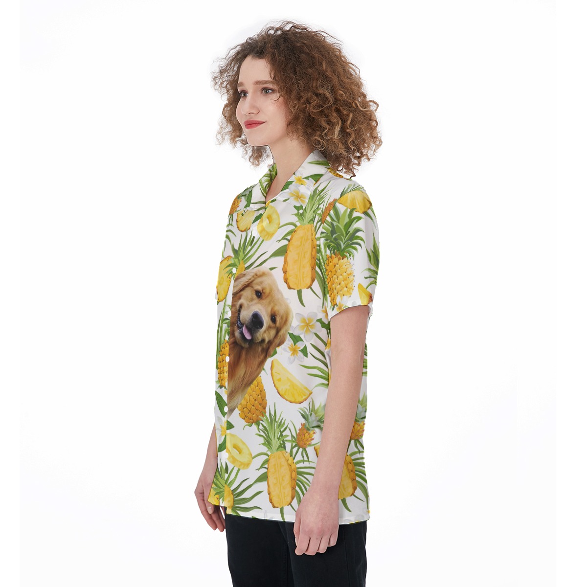 Cute Custom Dog Face Tropical Pineapple Aloha Shirt For Women