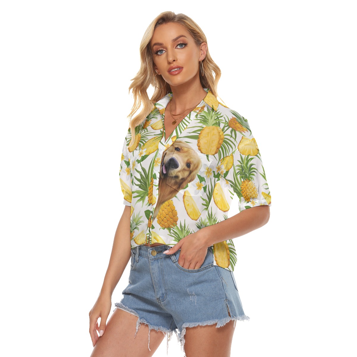 Funny Custom Dog Face Tropical Hawaiian Cropped Shirt For Women