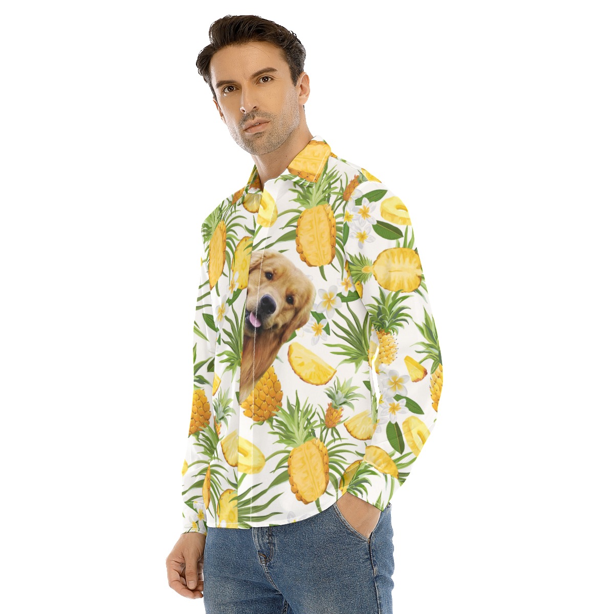Custom Dog Face Tropical Hawaiian Long Sleeve Shirt