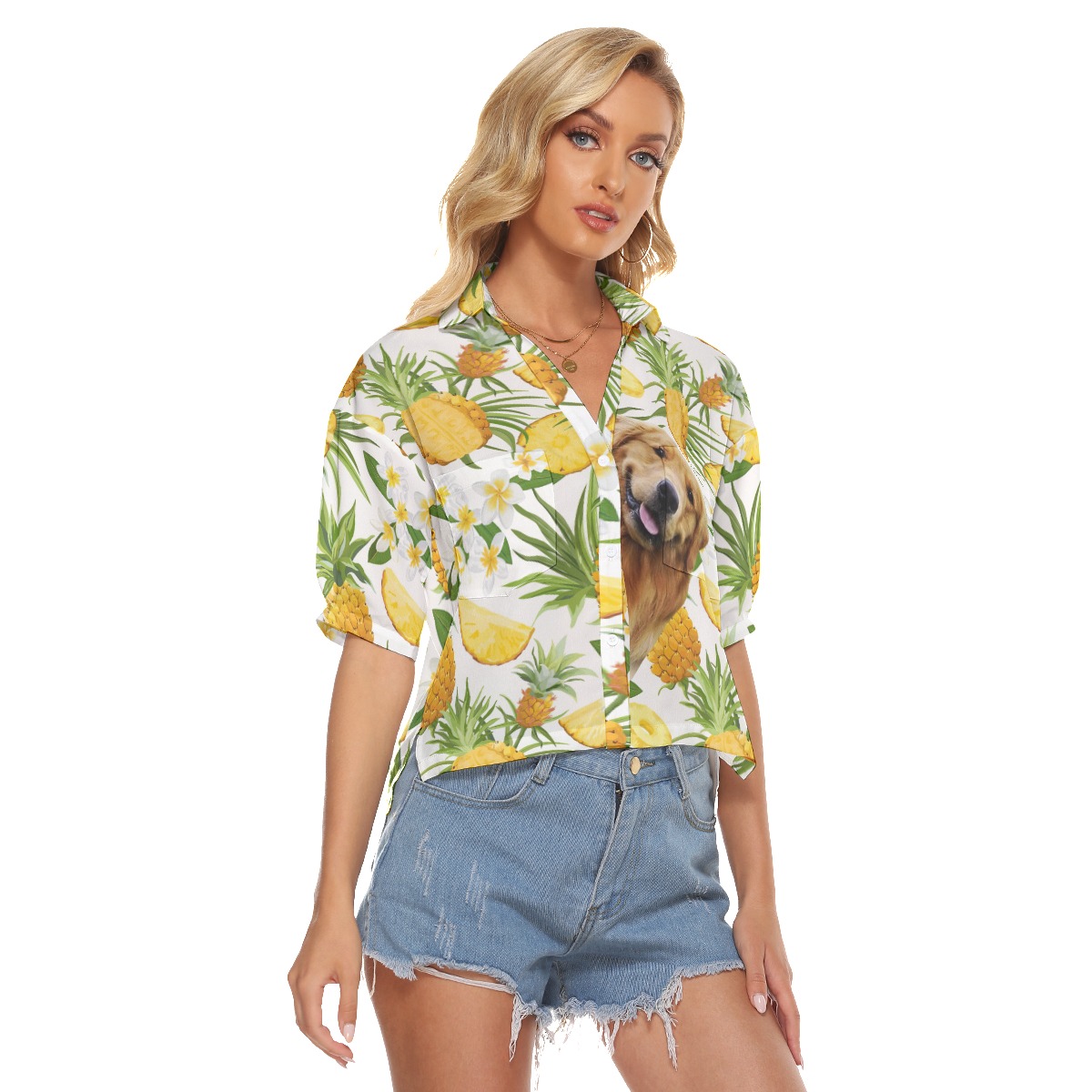 Funny Custom Dog Face Tropical Hawaiian Cropped Shirt For Women