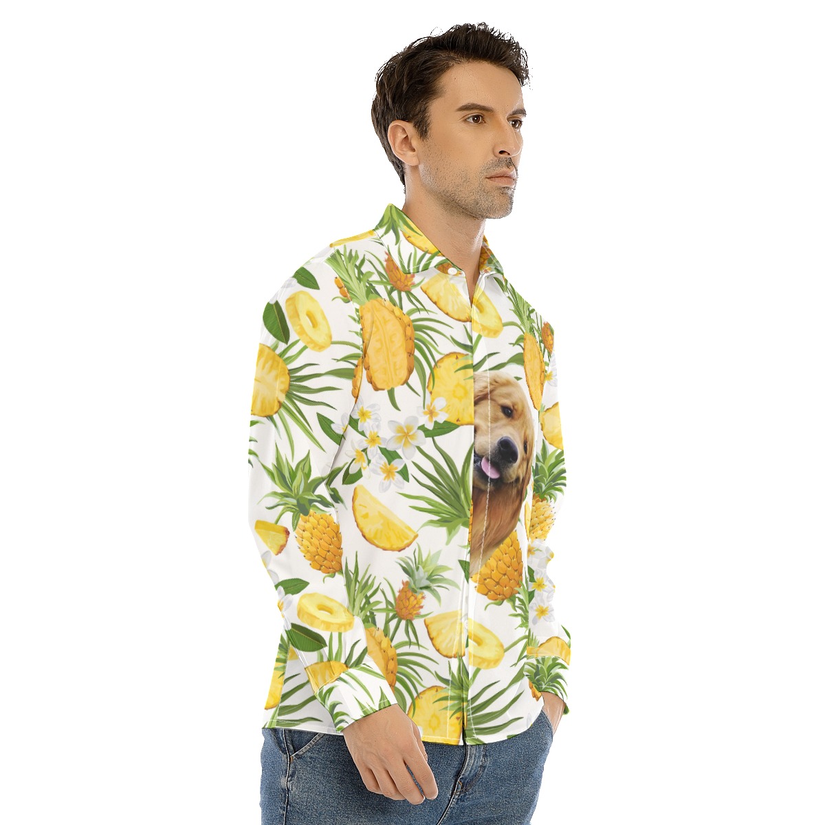 Custom Dog Face Tropical Hawaiian Long Sleeve Shirt