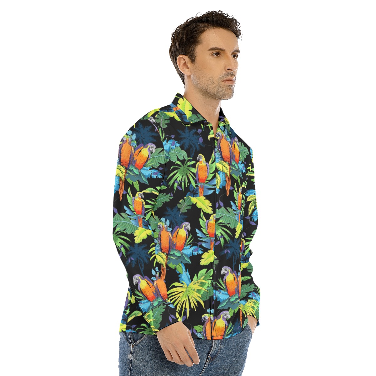 Parrot Tropical Long Sleeve Hawaiian Shirt For Men