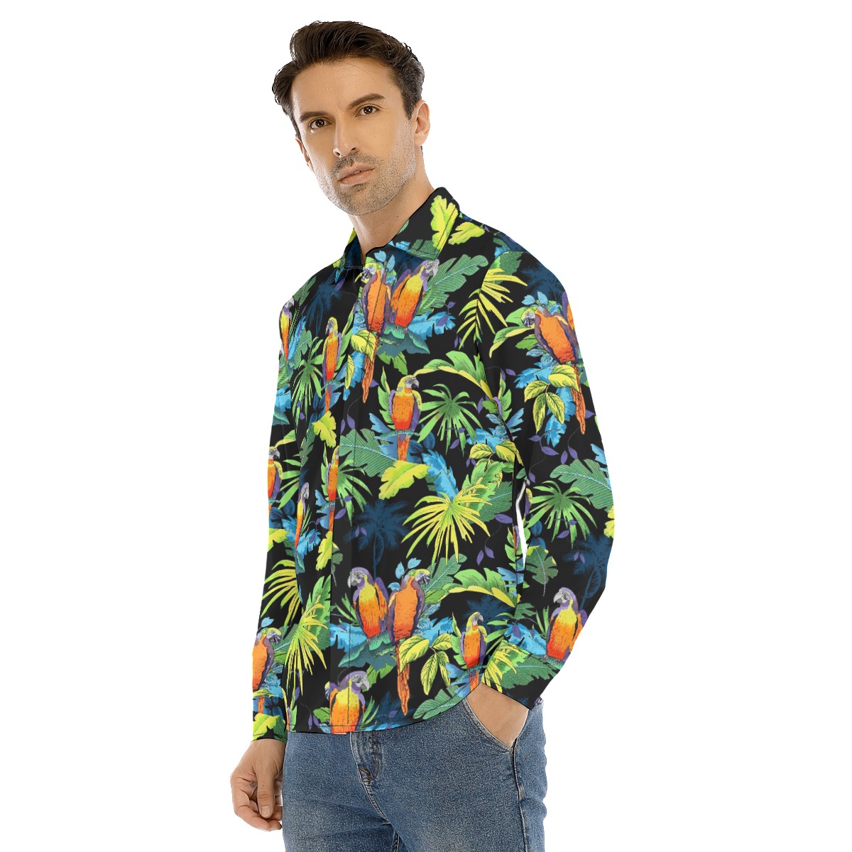 Parrot Tropical Long Sleeve Hawaiian Shirt For Men