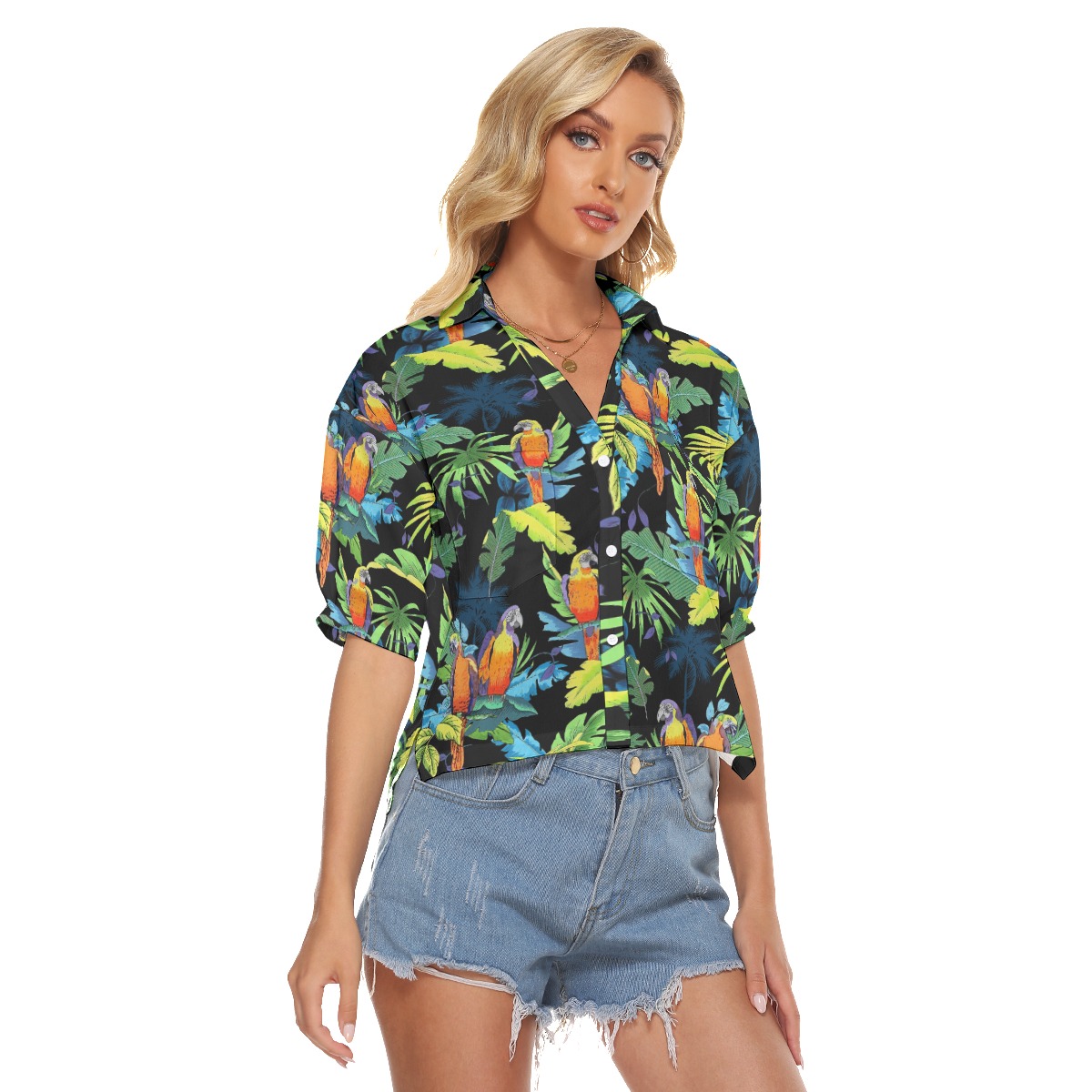 Tropical Parrot Hawaiian Cropped Shirt For Women