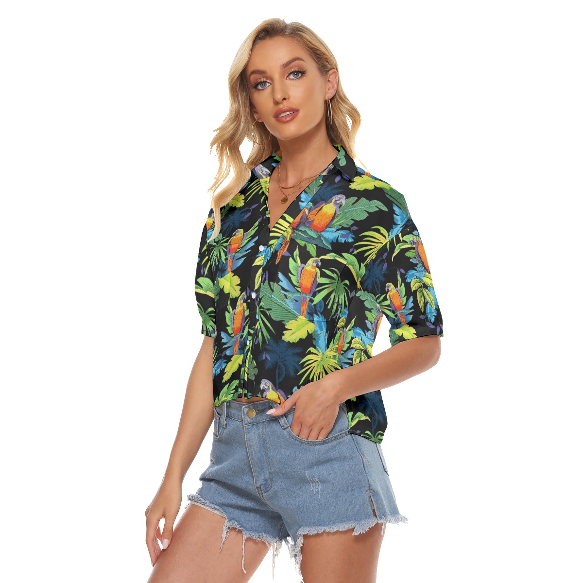 Tropical Parrot Hawaiian Cropped Shirt For Women