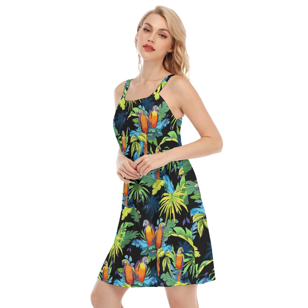 Black Parrot Tropical Hawaiian Dress
