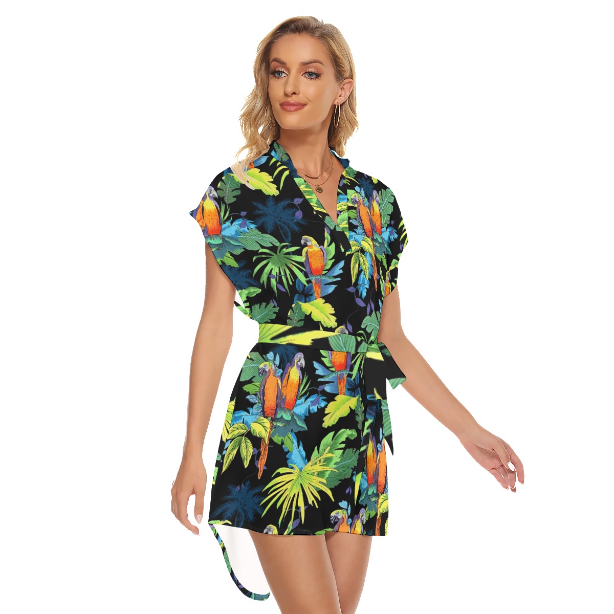 Tropical Parrot Black Hawaiian Dress With Tie