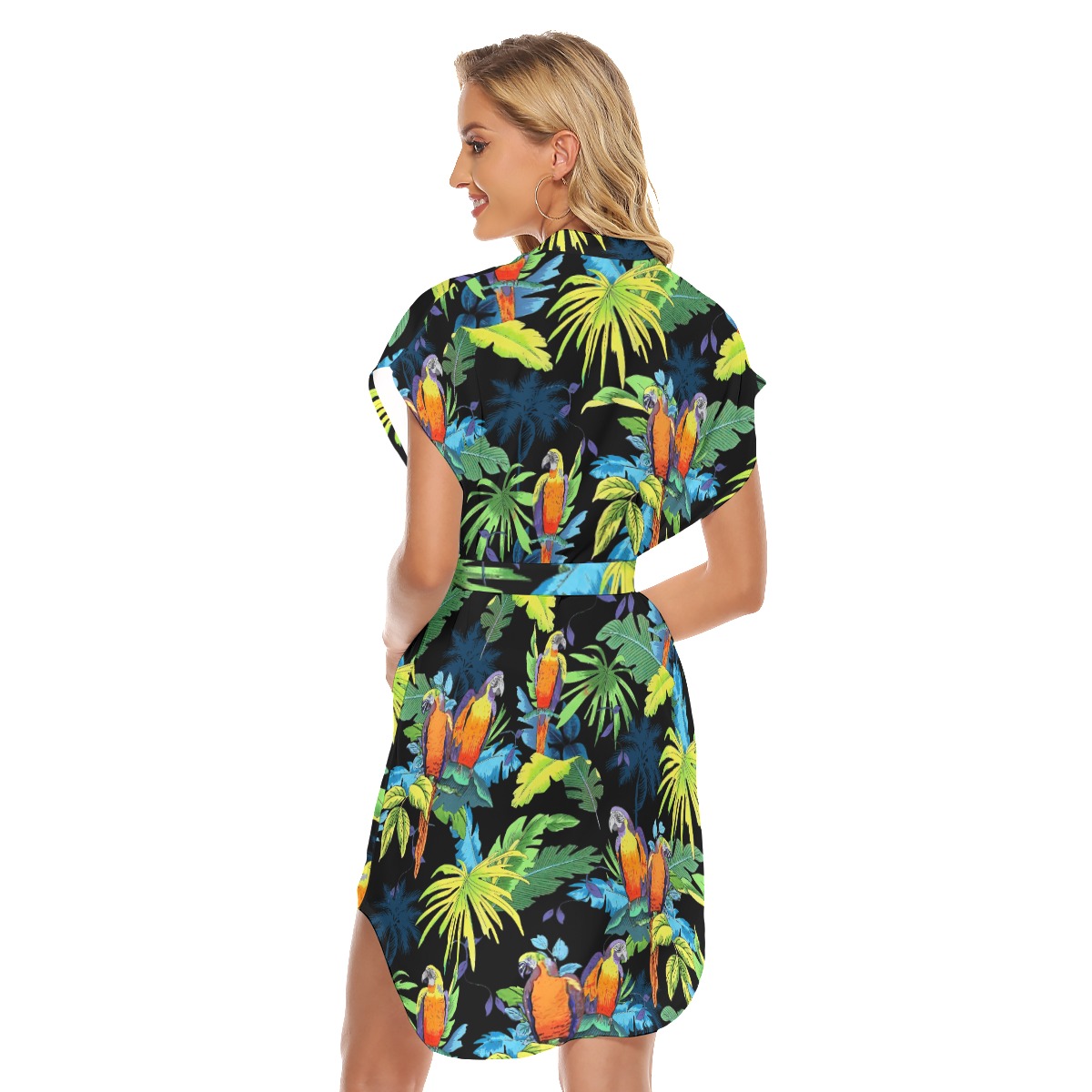 Tropical Parrot Black Hawaiian Dress With Tie