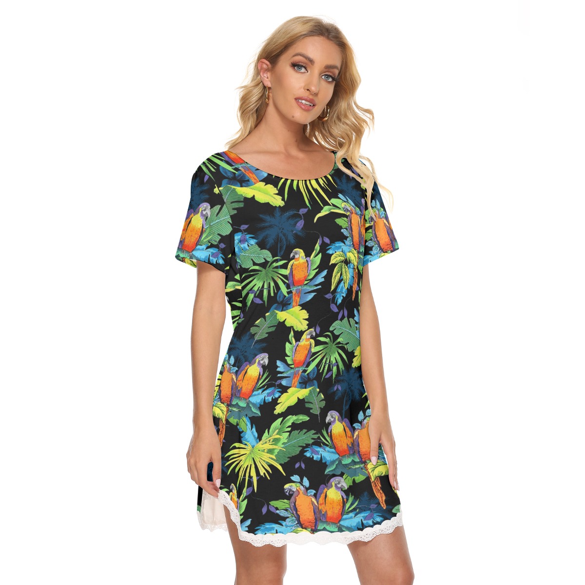 Colorful Parrot Hawaiian Dress With Lace