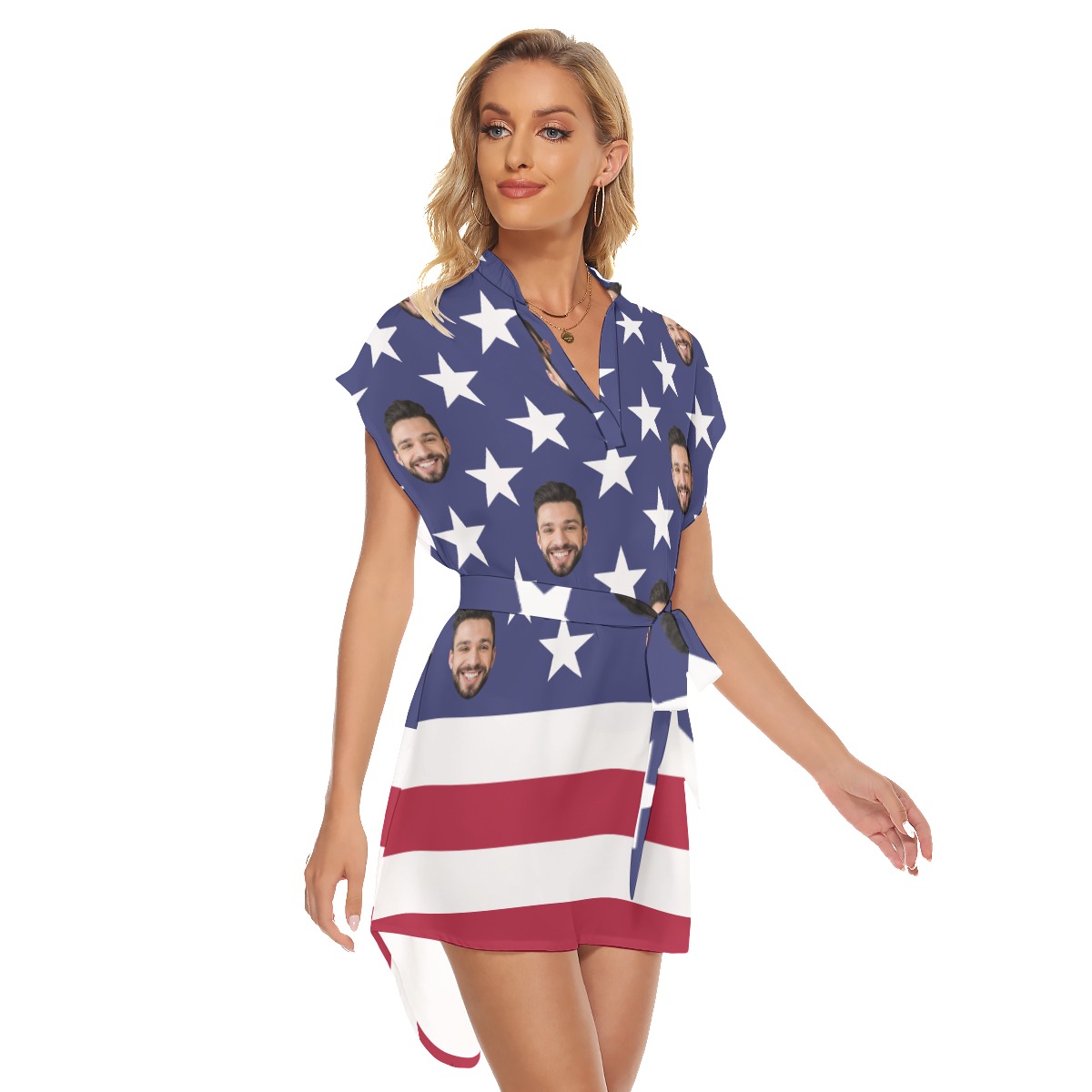 Custom Face American Flag Hawaiian Dress With Belt For Summer