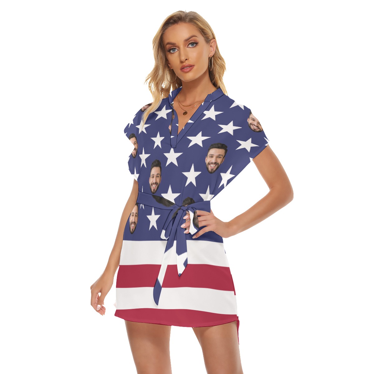 Custom Face American Flag Hawaiian Dress With Belt For Summer